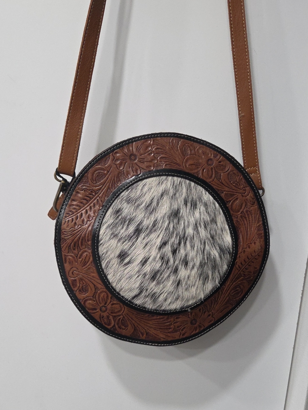 Myra Bag Brown Tooled Leather Round Crossbody with Calf Fur